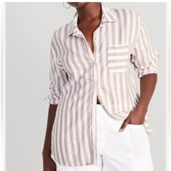 Sigrid Olsen 100% Linen Women's Top SZ Medium stripes Cream Coastal Beach Summer - Picture 1 of 13